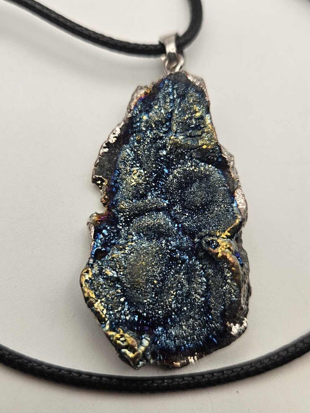 Raw Rainbow Pyrite Druzy Pendant Necklace Iridescent Peacock Ore Sparkling Raw